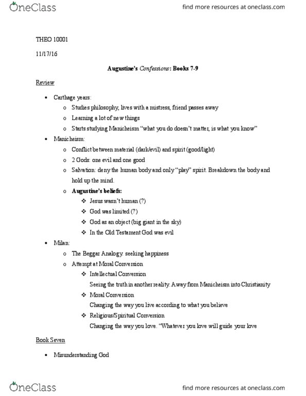 THEO10001 Lecture Notes - Lecture 22: Manichaeism, Plotinus, Christian Identity thumbnail