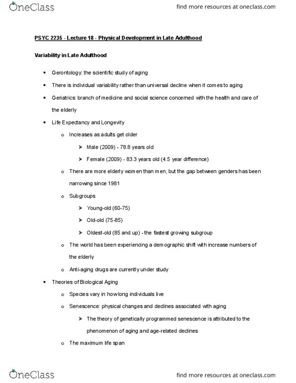 PSYC 2235 Lecture Notes - Lecture 18: Maximum Life Span, Hayflick Limit, Unpaired Electron thumbnail