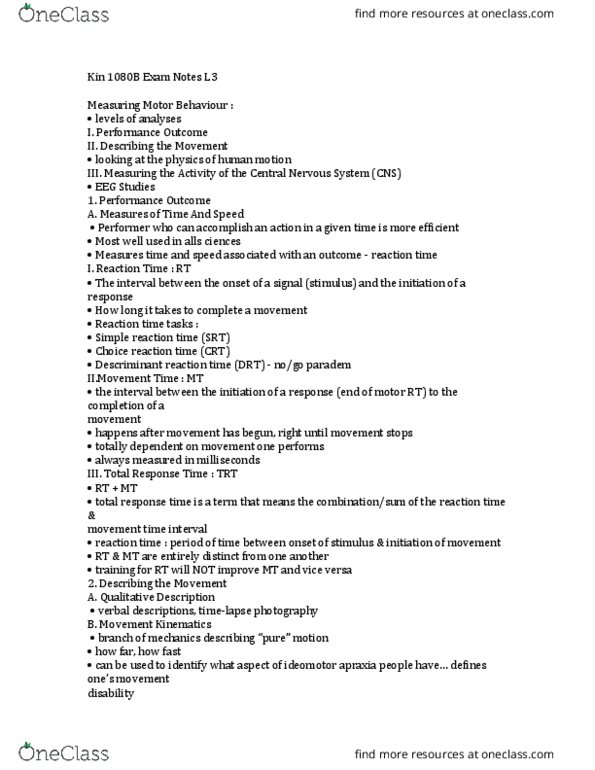 Kinesiology 1080A/B Lecture Notes - Lecture 3: Central Nervous System, Upper Motor Neuron, Mental Chronometry thumbnail