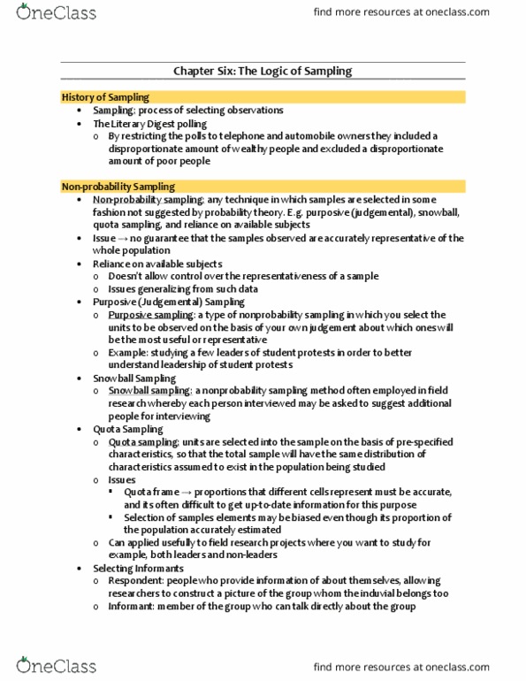 SOC200H1 Chapter Notes - Chapter 6: Nonprobability Sampling, Snowball Sampling, The Literary Digest thumbnail