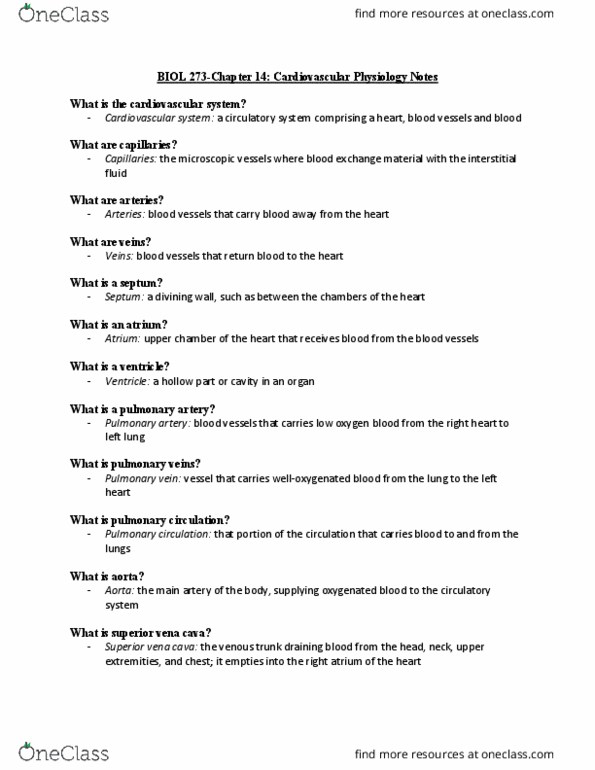 BIOL273 Chapter Notes - Chapter 14: Inferior Vena Cava, Superior Vena Cava, Chordae Tendineae thumbnail