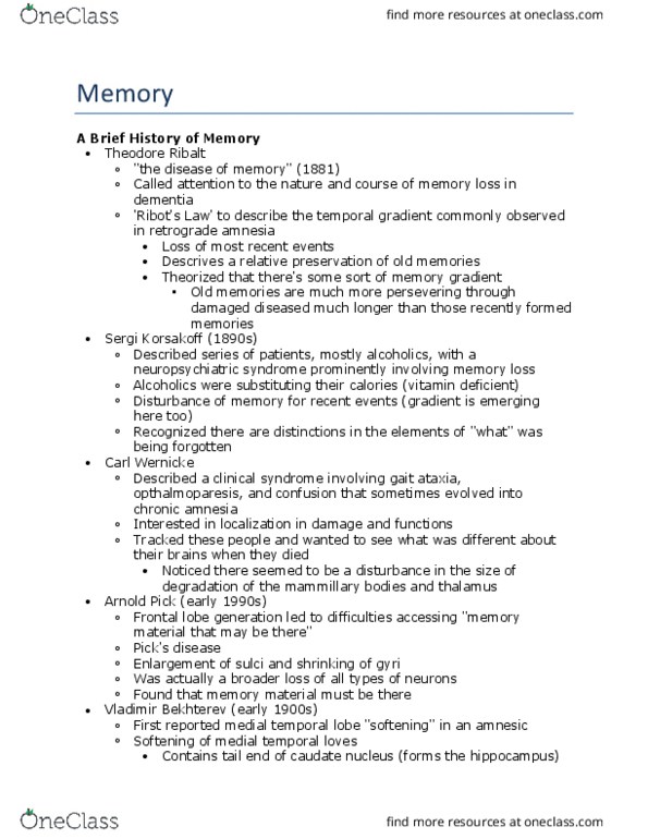 PSY290H5 Lecture Notes - Lecture 9: Anterograde Amnesia, Retrograde Amnesia, Vladimir Bekhterev thumbnail