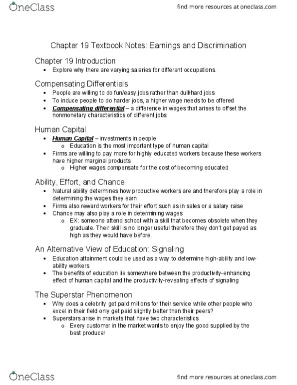 ECON 2304 Chapter Notes - Chapter 19: Efficiency Wage, Human Capital, Making Money thumbnail