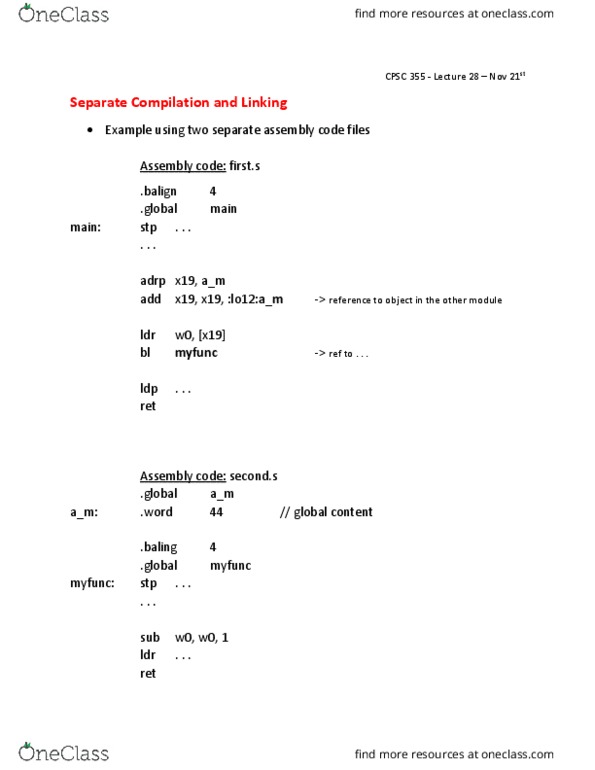 CPSC 355 Lecture Notes - Lecture 28: Gnu Debugger, Assembly Language, Function Prototype thumbnail