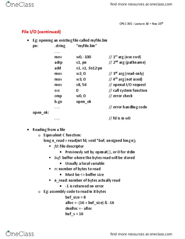 CPSC 355 Lecture Notes - Lecture 30: File Descriptor, Assembly Language, Standard Streams thumbnail