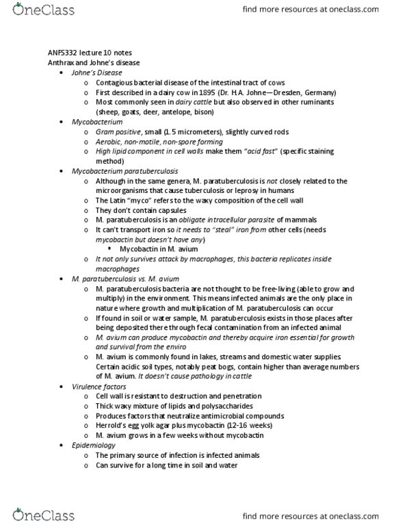 ANFS332 Lecture Notes - Lecture 10: Mycobacterium Avium Subspecies Paratuberculosis, Paratuberculosis, Dairy Cattle thumbnail