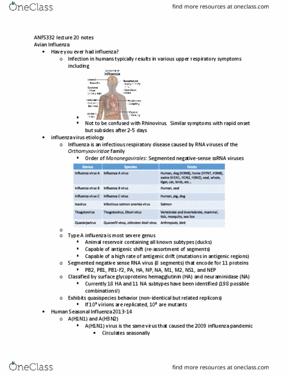 ANFS332 Lecture Notes - Lecture 20: Avian Influenza, 2009 Flu Pandemic, Influenza A Virus thumbnail