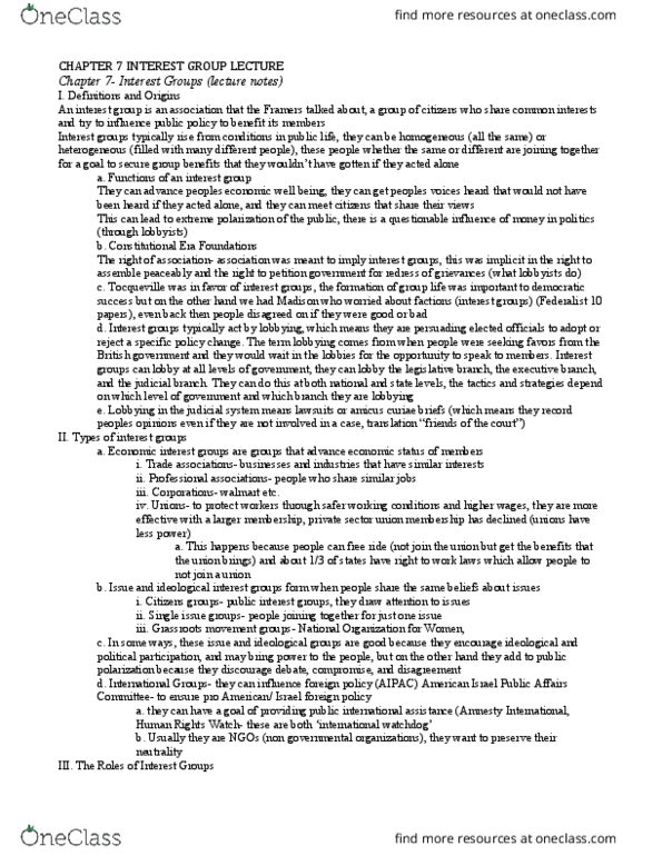 POL 102 Lecture Notes - Lecture 7: American Israel Public Affairs Committee, Amicus Curiae, Human Rights Watch thumbnail