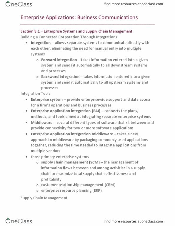 MIS 180 Lecture Notes - Lecture 8: Enterprise Application Integration, Enterprise Resource Planning, Sales Force Management System thumbnail