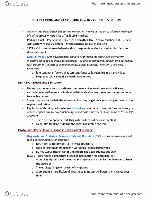 PSY100H1 Chapter Notes - Chapter 15.1: Dorothea Dix, Philippe Pinel, Biopsychosocial Model thumbnail