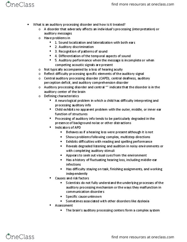 CSD-2259 Chapter Notes - Chapter 13.6: Auditory Processing Disorder, Sound Localization, Pragmatics thumbnail