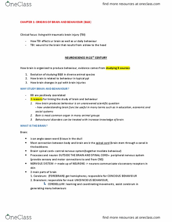 PSYB65H3 Chapter Notes - Chapter 1: Traumatic Brain Injury, Pineal Gland, Spinal Cord thumbnail