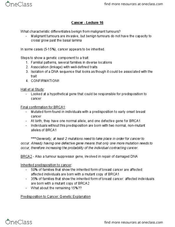 BIOL 1F25 Lecture Notes - Lecture 19: Tumor Suppressor Gene, Brca1, Brca2 thumbnail