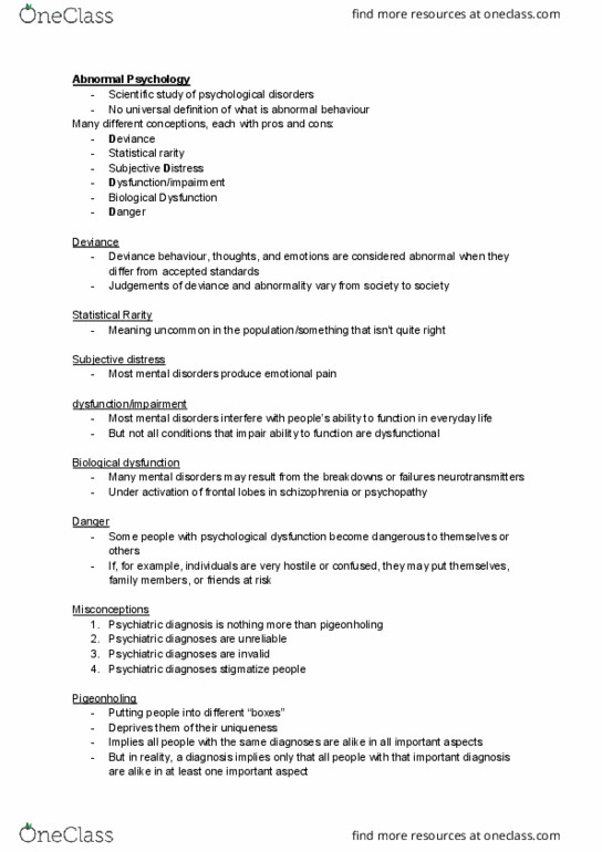PSY 105 Lecture Notes - Lecture 18: Pigeonholing, Psychopathy, Dsm-5 thumbnail