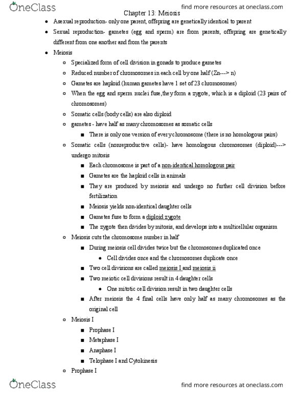 BIO 110 Lecture Notes - Lecture 13: Sister Chromatids, Asexual Reproduction, Meiosis thumbnail