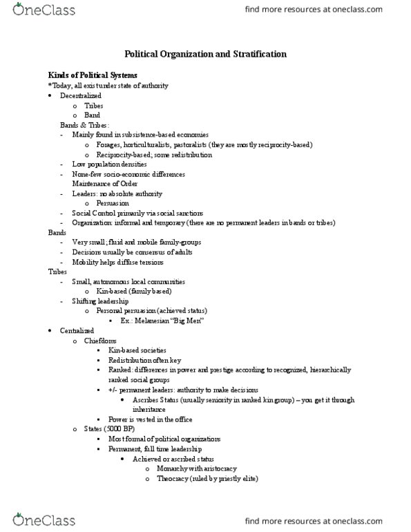 ANT 1101 Lecture Notes - Lecture 8: Ascribed Status, Risk Management, Matriarchy thumbnail