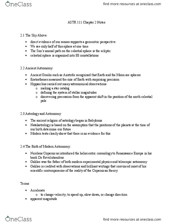 ASTR 111 Lecture Notes - Lecture 2: Nicolaus Copernicus, Celestial Equator, De Revolutionibus Orbium Coelestium thumbnail