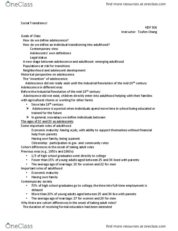 HDF 306 Lecture Notes - Lecture 9: Emerging Adulthood And Early Adulthood thumbnail