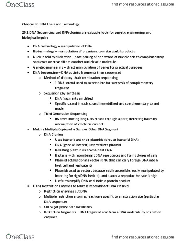 BIOL 2100 Chapter Notes - Chapter 20.1: Molecular Cloning, Recombinant Dna, Direct Manipulation Interface thumbnail