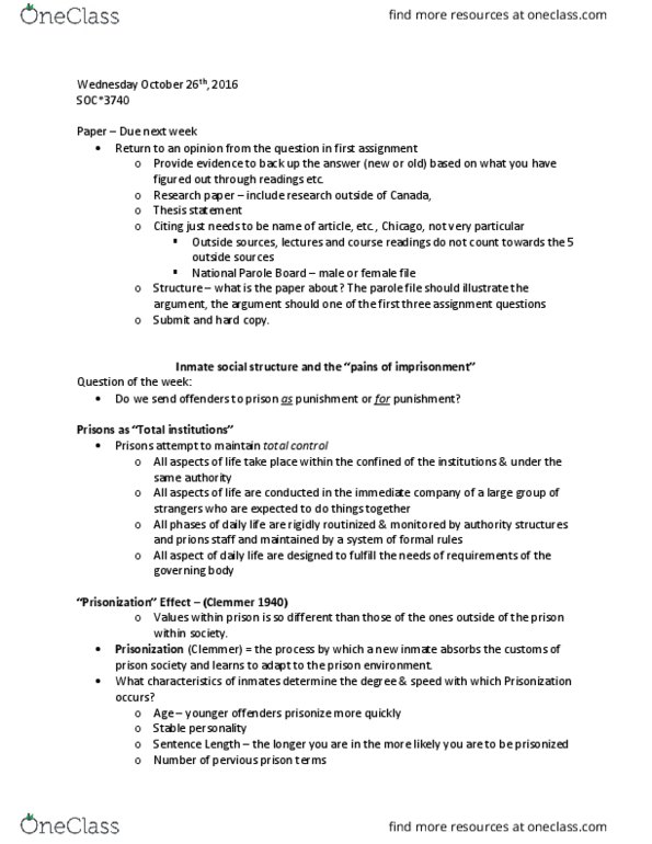 SOC 3740 Lecture Notes - Lecture 6: Parole Board Of Canada, Thesis Statement, Solitary Confinement thumbnail