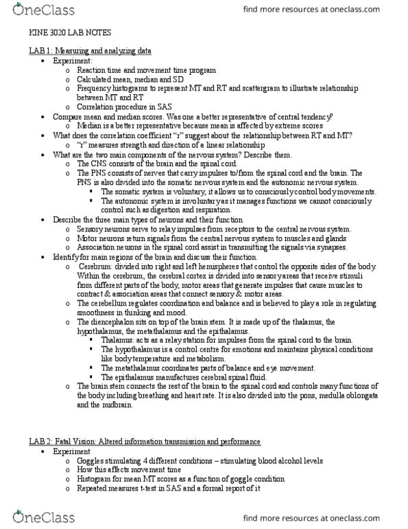 KINE 3020 Lecture Notes - Lecture 1: Cerebrospinal Fluid, Somatic Nervous System, Psychological Refractory Period thumbnail