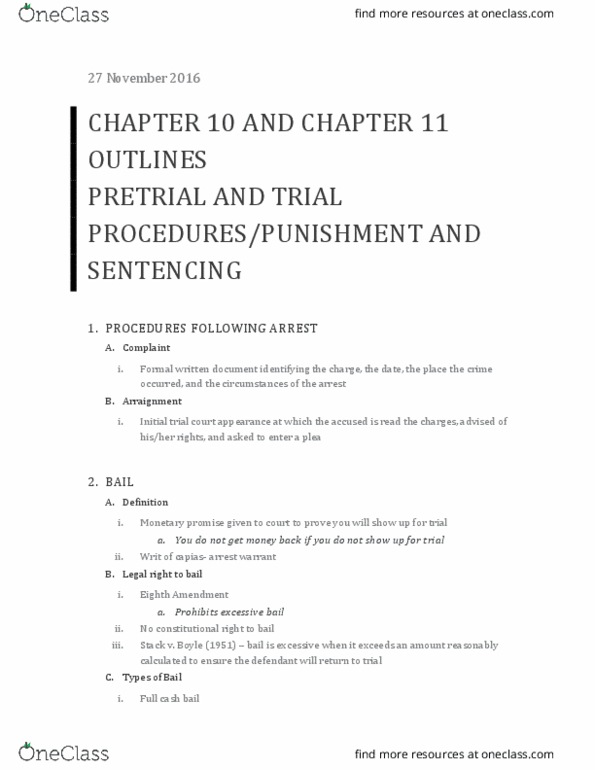 CCJ 3011 Lecture Notes - Lecture 10: Nolo Contendere, Excessive Bail Clause, Preliminary Hearing thumbnail