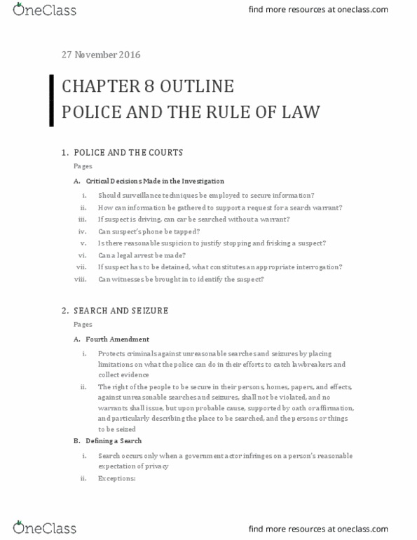 CCJ 3011 Lecture Notes - Lecture 8: The Frisk, Frisking, Custodial Interrogation thumbnail