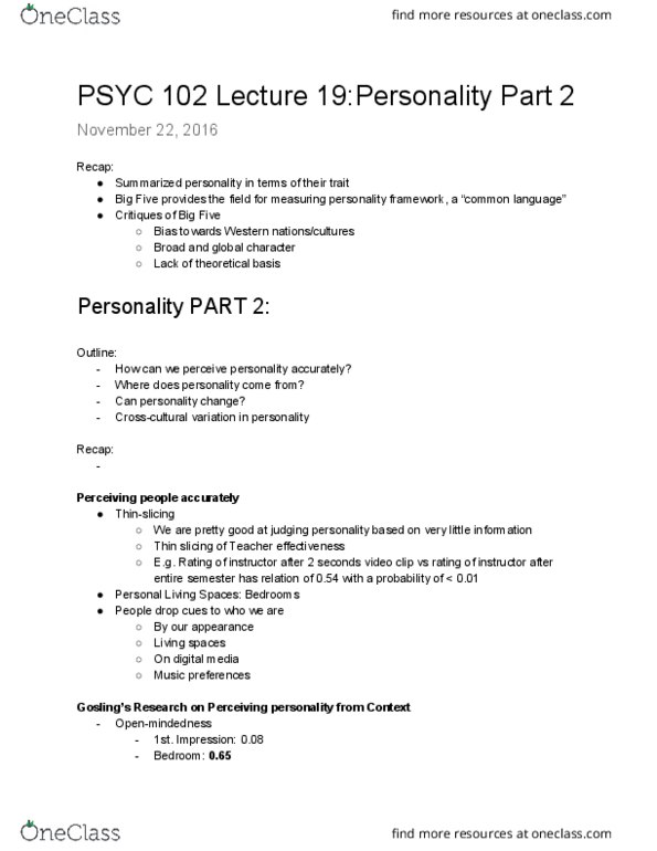 PSYC 102 Lecture Notes - Lecture 19: Social Learning Theory, Extraversion And Introversion, Neuroticism thumbnail