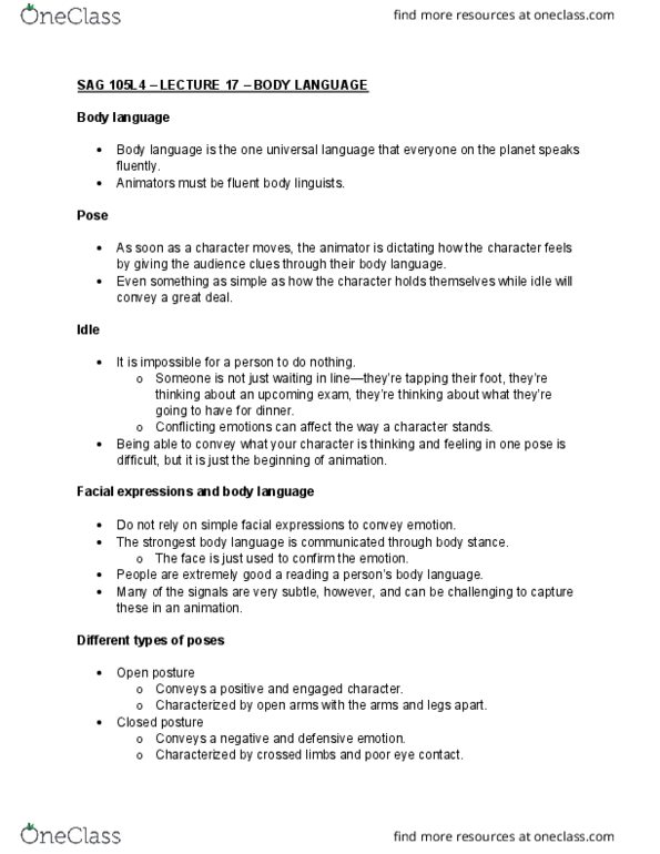 SAG 105L Lecture Notes - Lecture 17: Body Language, The Strongest thumbnail