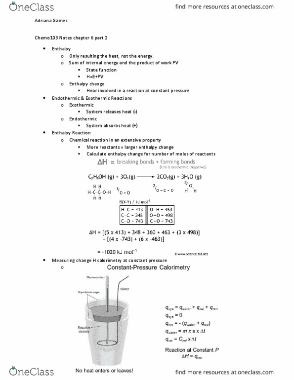 CHEM103 Lecture Notes - Lecture 14: Enthalpy, Exothermic Process, State Function thumbnail