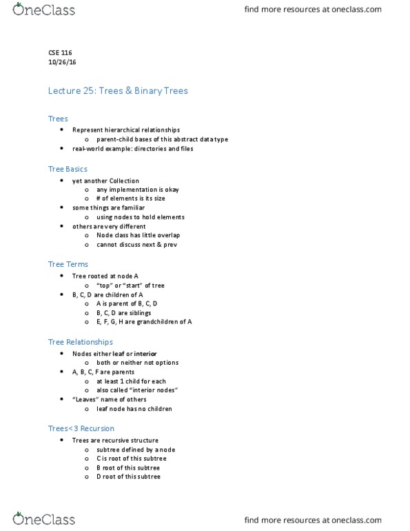 CSE 116 Lecture Notes - Lecture 25: Binary Tree, Abstract Data Type, Genderqueer thumbnail
