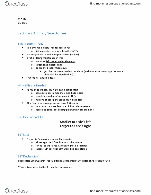 CSE 116 Lecture Notes - Lecture 28: Binary Tree, Total Order thumbnail