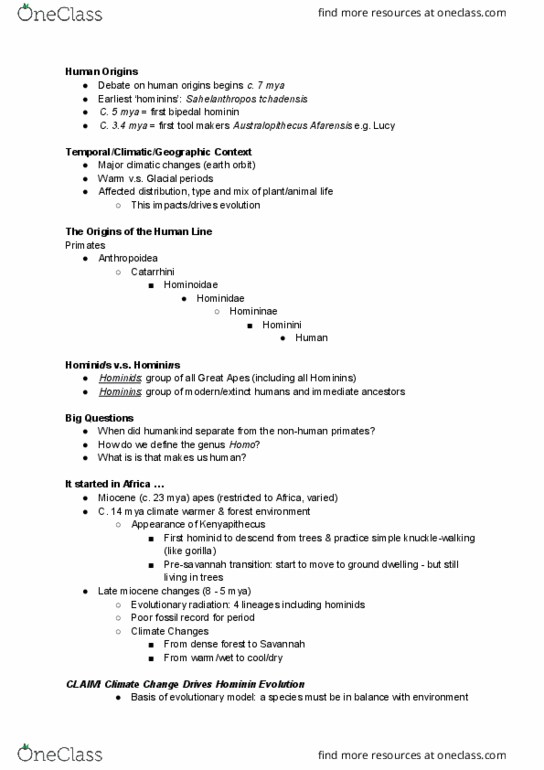 ANTHROP 1AA3 Lecture Notes - Lecture 3: Homininae, Sahelanthropus, Kenyapithecus thumbnail