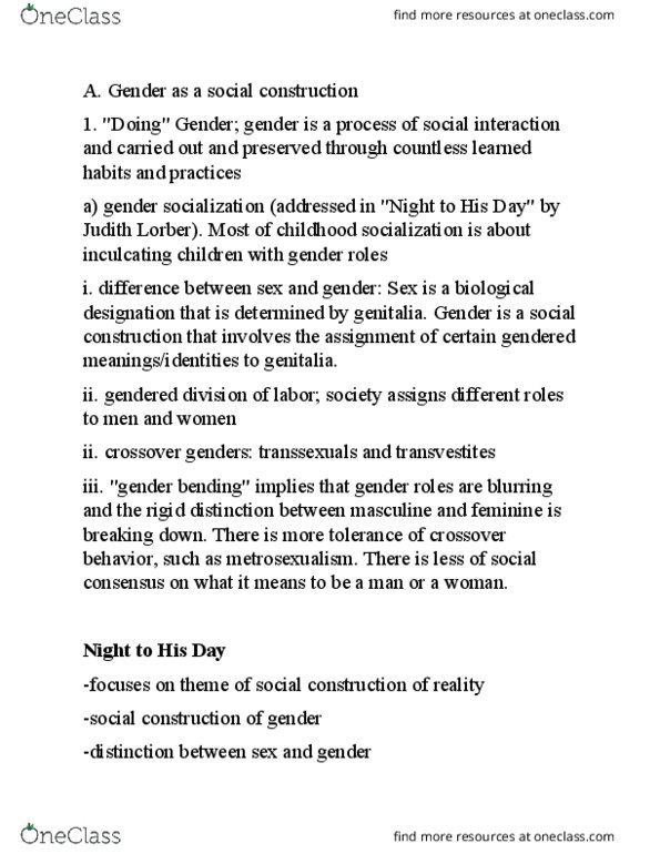 SOCIOL 1 Lecture Notes - Lecture 18: Judith Lorber, Gender Bender, Cross-Dressing thumbnail