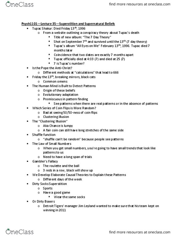 PSYCH 1101 Lecture Notes - Lecture 35: Jim Leyland, Clustering Illusion, Fair Coin thumbnail