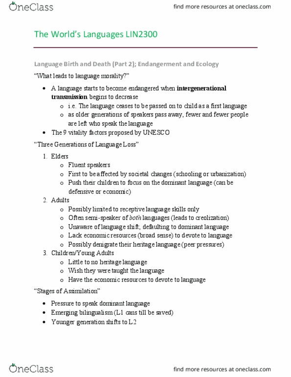 LIN 2300 Lecture Notes - Lecture 9: Heritage Language, Endangered Language, Language Shift thumbnail