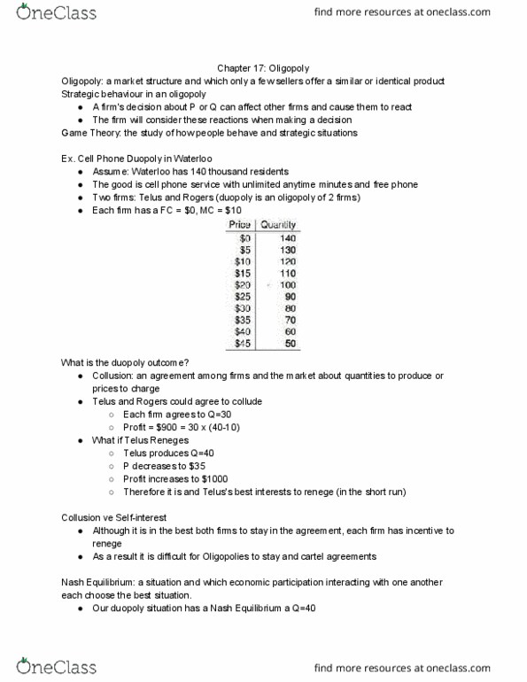 EC120 Lecture Notes - Lecture 18: Nash Equilibrium, Oligopoly, Strategic Dominance thumbnail