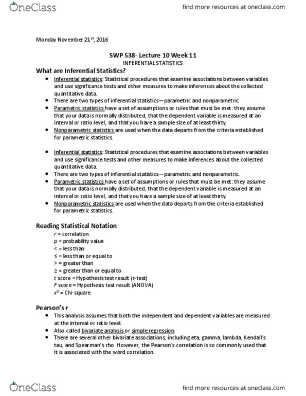 SWP 538 Lecture Notes - Lecture 10: Nonparametric Statistics, Parametric Statistics, Statistical Inference thumbnail