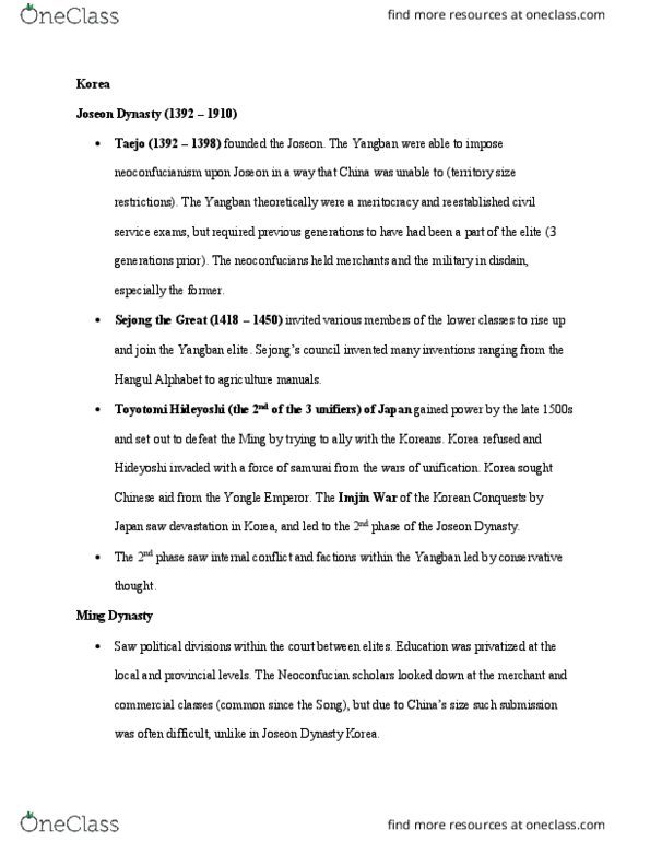 HIST 80a Lecture Notes - Lecture 19: Goryeo, Yangban, Yongle Emperor thumbnail