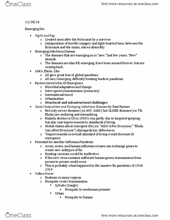 L48 Anthro 3283 Lecture Notes - Lecture 28: Emerging Infectious Diseases, Sylvatic, Great Fear thumbnail