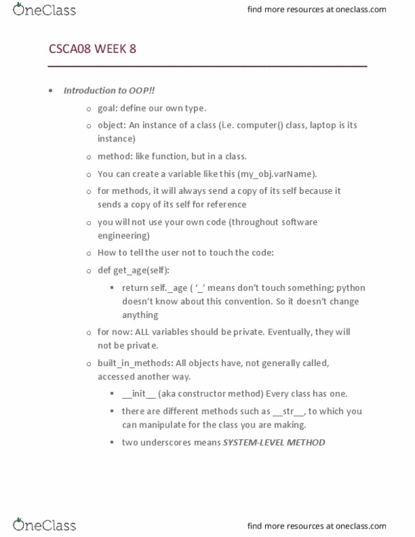 CSCA08H3 Lecture Notes - Lecture 12: Software Engineering, Init thumbnail