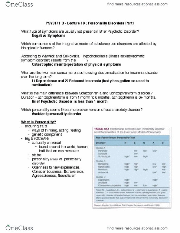 PSY 3171 Lecture Notes - Lecture 19: Avoidant Personality Disorder, Schizotypal Personality Disorder, Histrionic Personality Disorder thumbnail