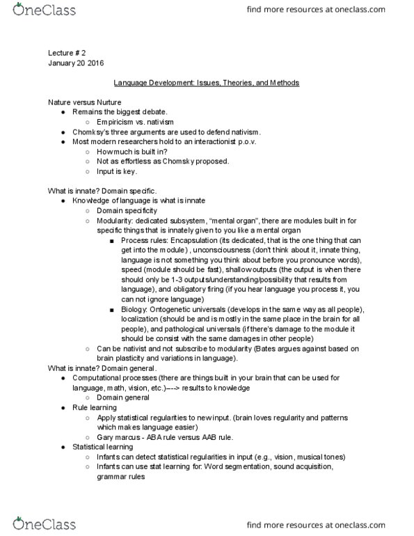 PSY 3136 Lecture Notes - Lecture 2: Gary Marcus, Domain Specificity, Text Segmentation thumbnail