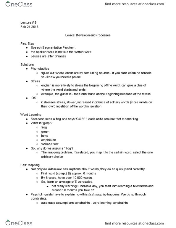 PSY 3136 Lecture Notes - Lecture 9: Mutual Exclusivity, 18 Months, Syntactic Bootstrapping thumbnail