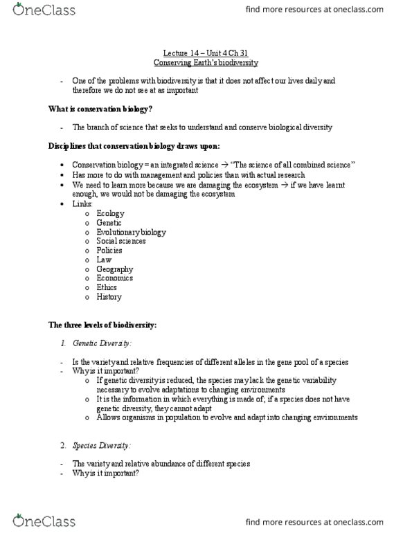 BIOLOGY 1P03 Lecture Notes - Lecture 14: Conservation Biology, Pedogenesis, Ecosystem Services thumbnail