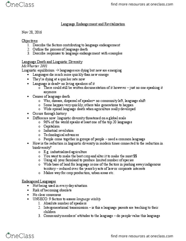 Anthropology 2245F/G Lecture Notes - Lecture 11: List Of Languages By Number Of Native Speakers, Language Death, Language Revitalization thumbnail