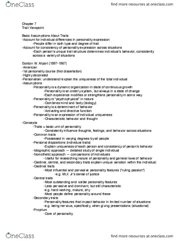 PSYC 1002 Lecture Notes - Lecture 7: Nomothetic thumbnail