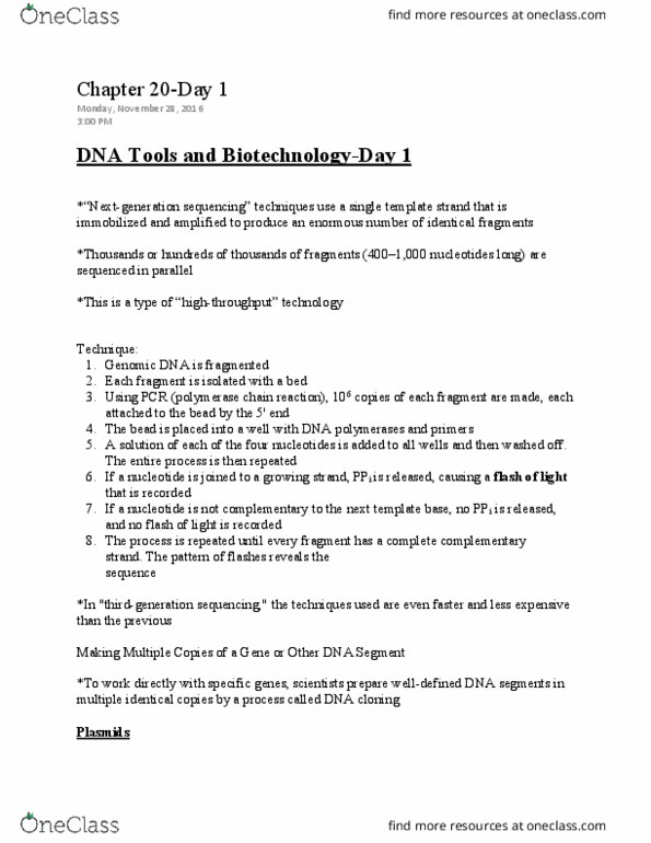 LIFE 102 Lecture Notes - Lecture 45: Plasmid, Chromosome, Molecular Cloning thumbnail