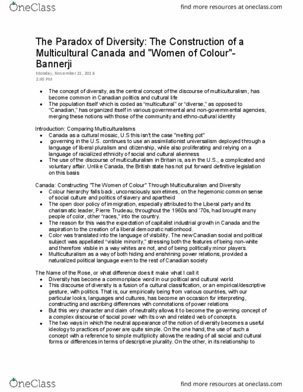 SOC375H5 Chapter Notes - Chapter 9: Pierre Trudeau, Visible Minority, Racialization thumbnail