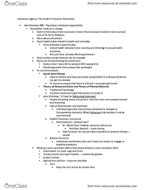 SOCI 420 Lecture Notes - Lecture 14: High Fructose Corn Syrup, Health Belief Model, Sick Role thumbnail